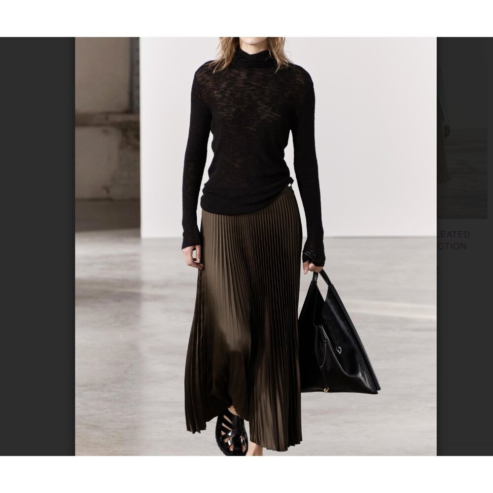 ZARA METALLIC GLOSSY SHINY SATIN HIGH-WAIST MIDI PLEATED SKIRT Khaki XS M L
